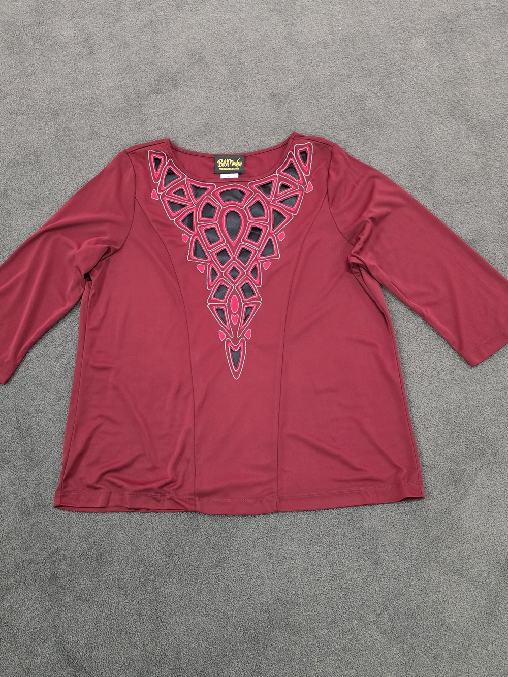 Bob Mackie Wearable Art NWT Burgundy Embroidered 3/4 Sleeve Top XL
